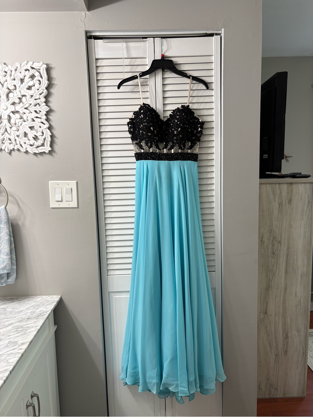 Camille La Vie Black Lace & Aqua Chiffon Prom Gown
